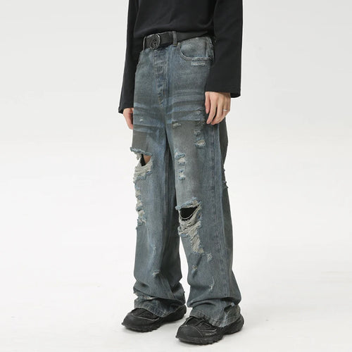 Load image into Gallery viewer, High Street Worn-out Male Denim Pants Straight Loose Men Jeans Washed Hole Design Hip Hop Zipper Men Clothing 9C6087
