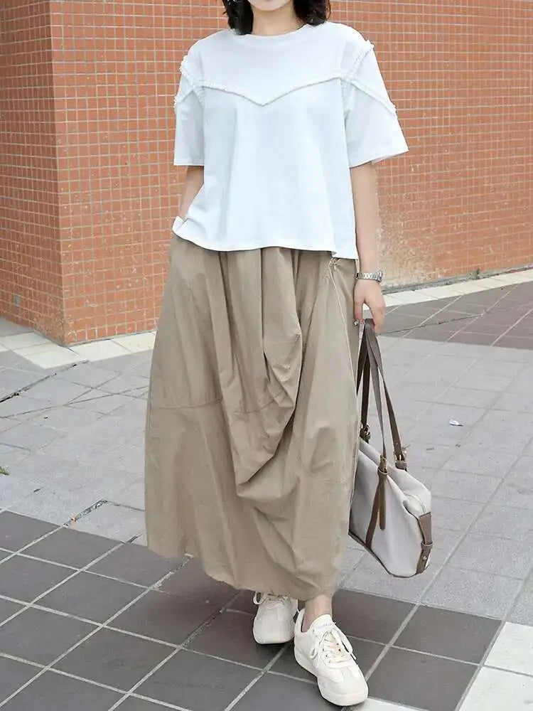 High Elastic Waist Khaki Pleated Irregular A-line Half-body Skirt Women Fashion Tide New Spring Autumn 2025 1DJ0225