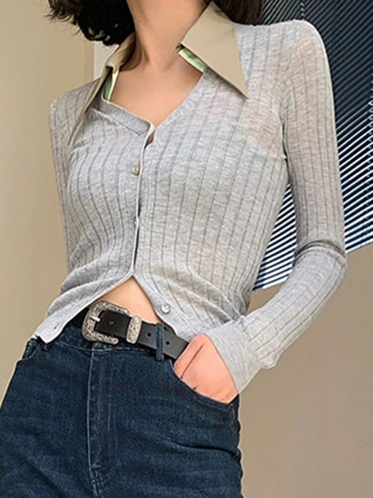 Colorblock Patchwork Single Breasted Slimming Knitting Sweaters For Women V Neck Long Sleeve Sweater Female