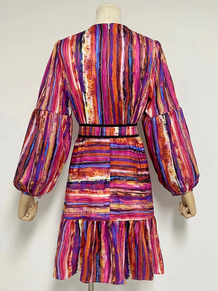 Spliced Belt Striped Dresses For Women Round Neck Lantern Sleeve High Waist Hit Color A Line Dress Female Fashion Clothing