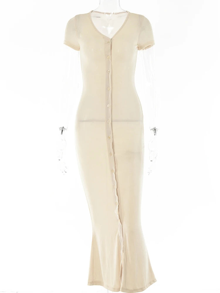 Summer Single-breasted Bodycon Maxi Dresses For Women Short Sleeve See Through Beach Dress Solid V-neck Party Vestidos