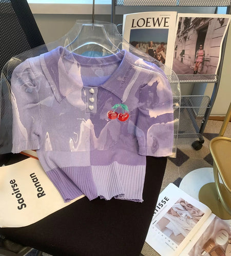 Vintage Women Purple Colorblock Short Sleeve Knit Polo T-shirt Summer Sweet Cherry Embroidery Slim Button Cropped Top 2024 Trend