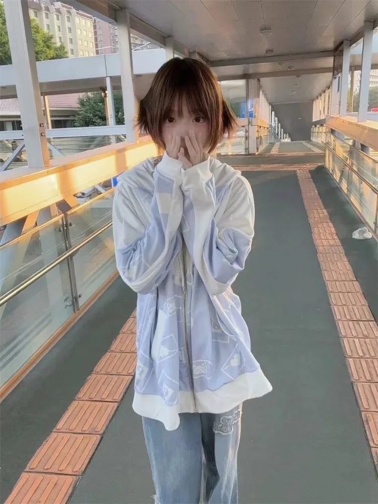 Streetwear Vintage Contrast Coats Women Loose Y2k Aesthetic Cartoon Print Jackets Casual Oversized Harajuku Kawaii Hoodies Top