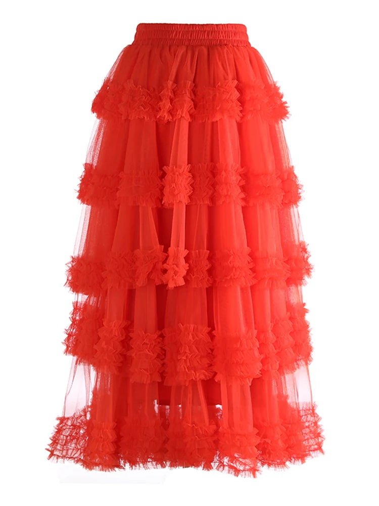 High Elastic Waist Rose Red Mesh Layers Elegant Ball Gown Half-body Skirt Women Fashion New Spring Autumn 2025 1DJ1272