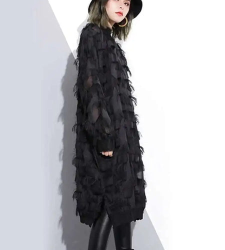 Spring Autumn Stand Collar Long Sleeve Perspective Black Loose Tassels Big Size Dress Women Fashion Tide JI780
