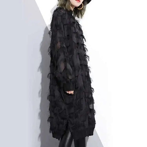 Load image into Gallery viewer, Spring Autumn Stand Collar Long Sleeve Perspective Black Loose Tassels Big Size Dress Women Fashion Tide JI780
