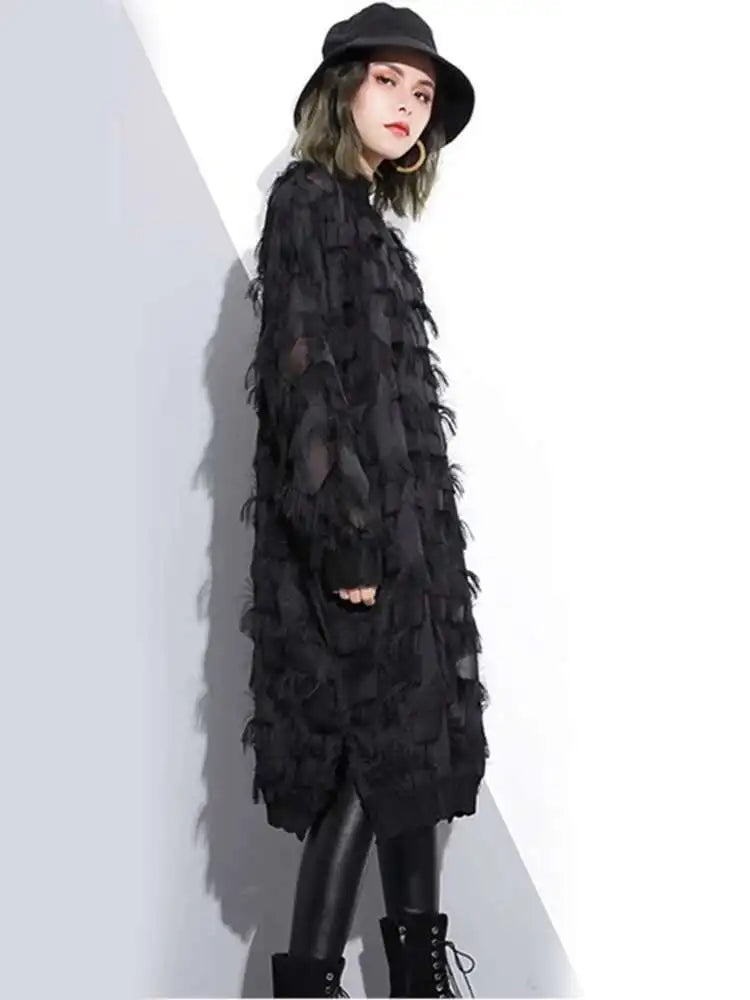 Spring Autumn Stand Collar Long Sleeve Perspective Black Loose Tassels Big Size Dress Women Fashion Tide JI780