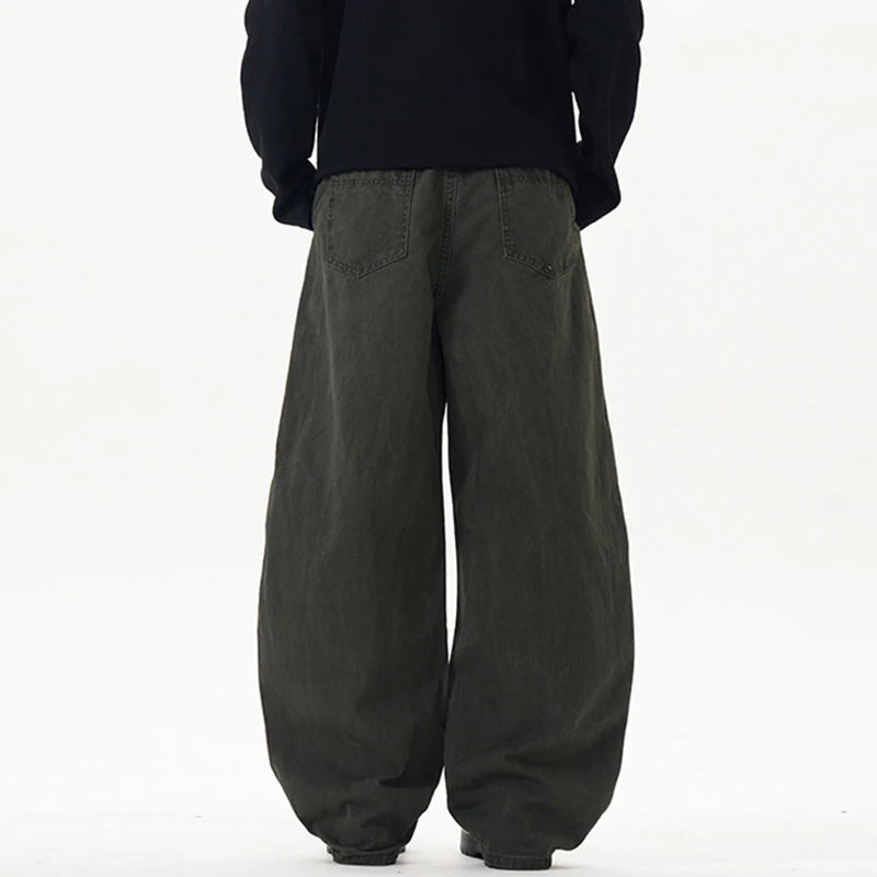 Men's Causal Pants New American Style Washed Design Pleated Curved Knife Trendy Male Loose Wide Leg Trousers Summer 9W1901