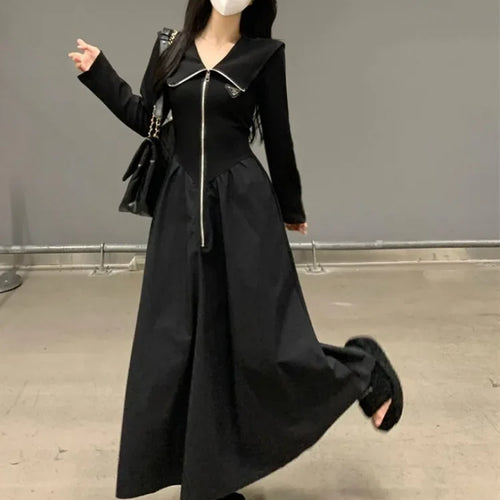 Load image into Gallery viewer, Korean Zip Black Long Sleeve Dress Women Kpop Autumn Spring Fashion Sailor Collar Zipper Dresses Female
