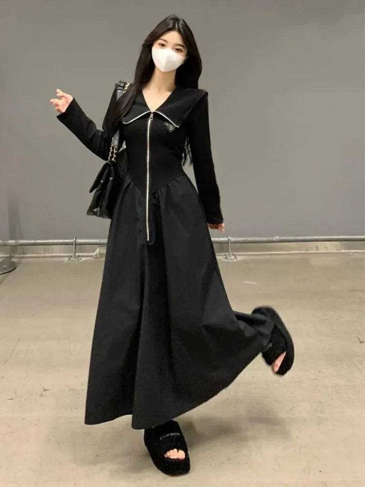 Korean Zip Black Long Sleeve Dress Women Kpop Autumn Spring Fashion Sailor Collar Zipper Dresses Female