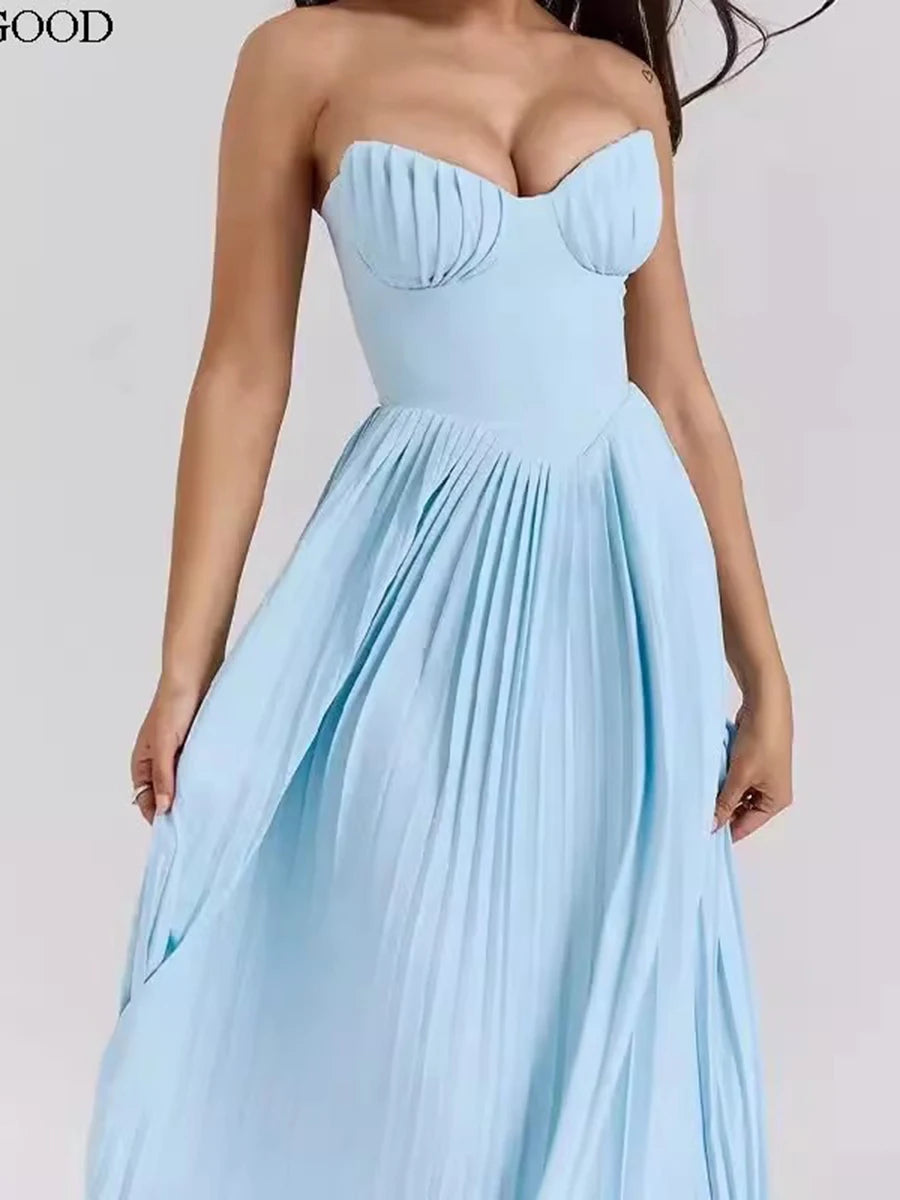 Solid Spliced Folds Slimming Dresses For Women Strapless Sleeveless High Waist Temperament Long Dress Female New