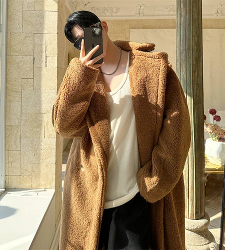 Thick Men's Faux Fur Jackets Lapel Overknee Casual Windbreakers Solid Color Double Breasted Loose Male Trench 2024 9C8839