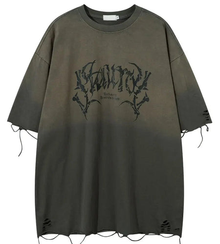 Vintage Oversized T-Shirt Y2K Grunge Skull Graphic Printed Ripped Hole Gradient Tshirt Hip Hop Punk Gothic Casual Streetwear Top