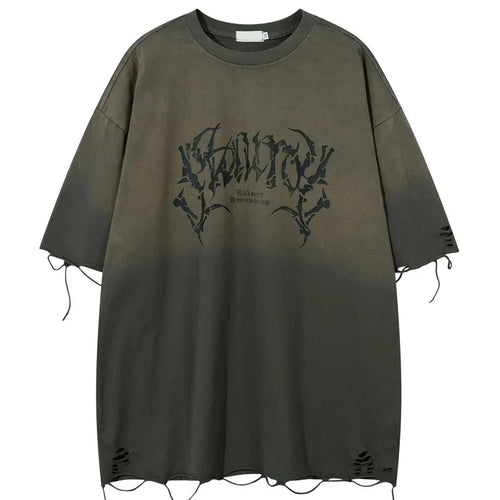 Load image into Gallery viewer, Vintage Oversized T-Shirt Y2K Grunge Skull Graphic Printed Ripped Hole Gradient Tshirt Hip Hop Punk Gothic Casual Streetwear Top
