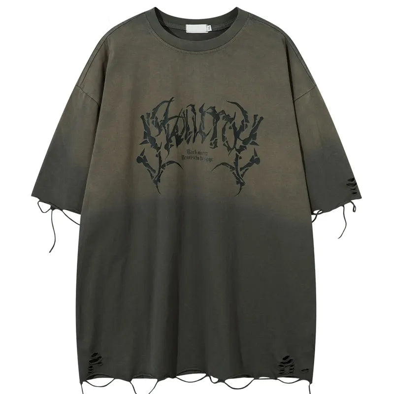 Vintage Oversized T-Shirt Y2K Grunge Skull Graphic Printed Ripped Hole Gradient Tshirt Hip Hop Punk Gothic Casual Streetwear Top