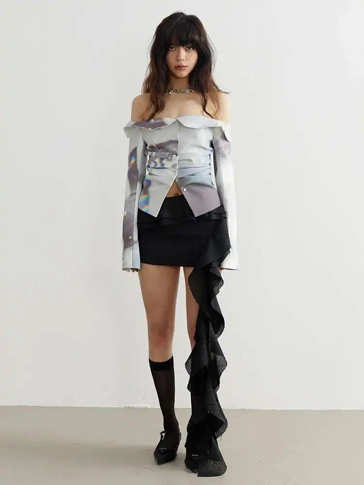 High Waist Black Irregular Ruffles Burr Personality Mini Half-body Skirt Women Fashion Tide New Spring Summer 2025 1DF6154