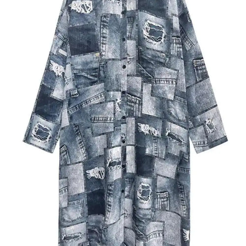 Load image into Gallery viewer, Women Blue Printed Big Size Midi Shirt Dress New Lapel Long Sleeve Loose Fit Fashion Tide Spring Autumn 2025 1DH0515
