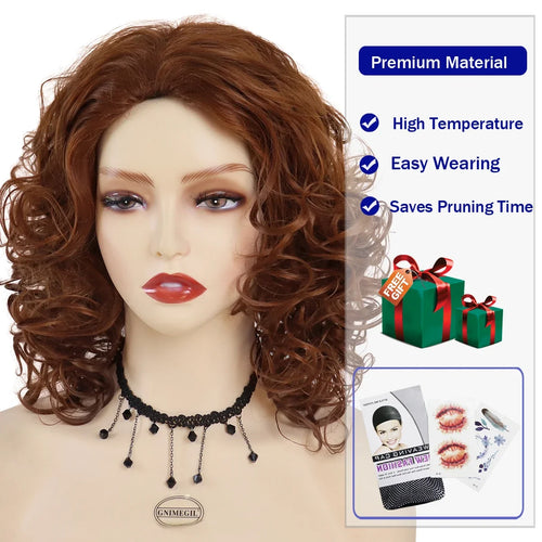 Load image into Gallery viewer, Synthetic Hair Natural Wigs for Women Medium Length Red Brown Curly Wig for Mother Fluffy Soft Short Wig with Bangs
