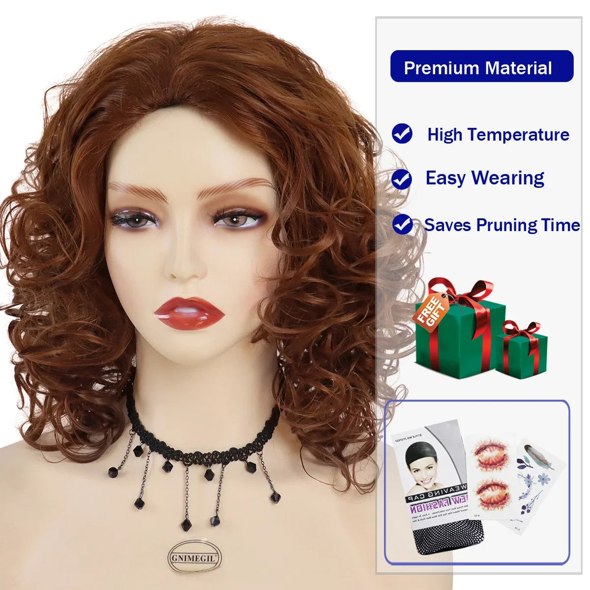 Synthetic Hair Natural Wigs for Women Medium Length Red Brown Curly Wig for Mother Fluffy Soft Short Wig with Bangs