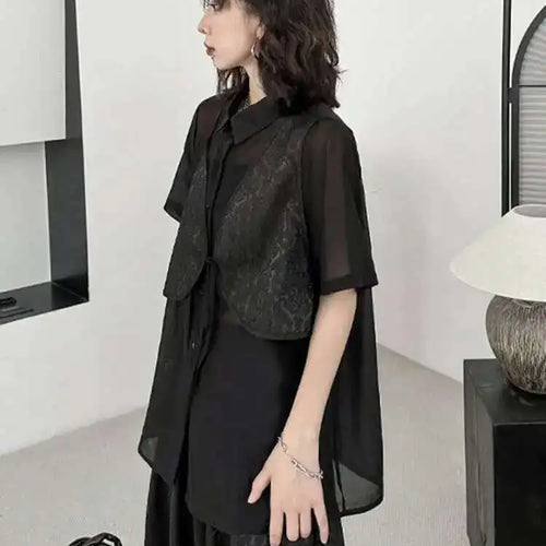Load image into Gallery viewer, Black Shirt Big Size Half-body Skirt Two Pieces Suit New Lapel Short Sleeve Women Fashion Tide Spring Summer 2025 1DH5405
