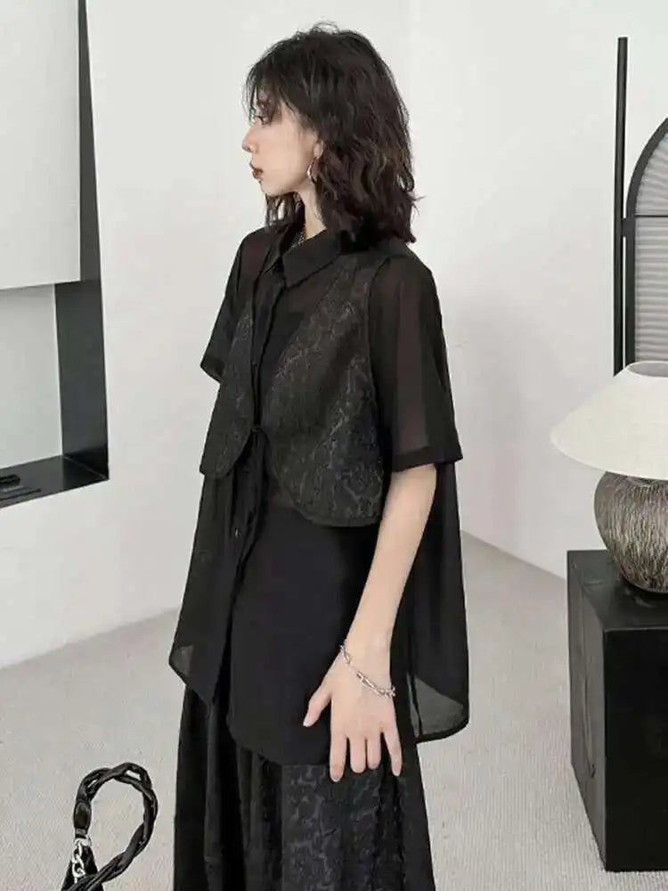 Black Shirt Big Size Half-body Skirt Two Pieces Suit New Lapel Short Sleeve Women Fashion Tide Spring Summer 2025 1DH5405