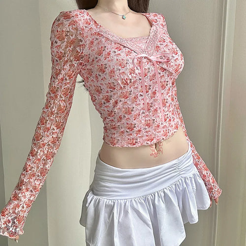 Load image into Gallery viewer, y2k Coquette Top Women Fall Clothes Floral Print V Neck Lace Patchwork Long Sleeve T Shirt 2000s Aesthetic Clothing
