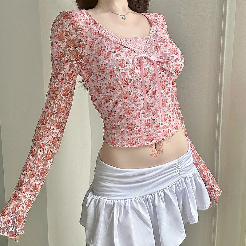 y2k Coquette Top Women Fall Clothes Floral Print V Neck Lace Patchwork Long Sleeve T Shirt 2000s Aesthetic Clothing