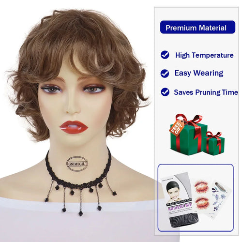 Load image into Gallery viewer, Synthetic Hair Curly Short Wigs for Women Brown Wig with Bangs Natural Hairstyles Mommy Wig Short Fluffy Wigs for Christmas Gift
