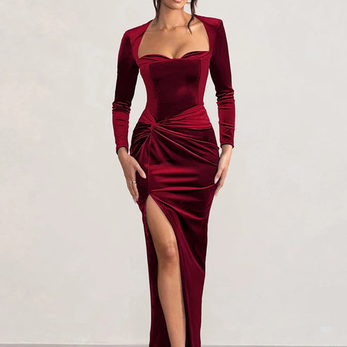 Load image into Gallery viewer, Velvet Sexy Maxi Dress For Women Square Collar Long Sleeve Ruched High Split Bodycon Party Elegant Long Dresses Vestido
