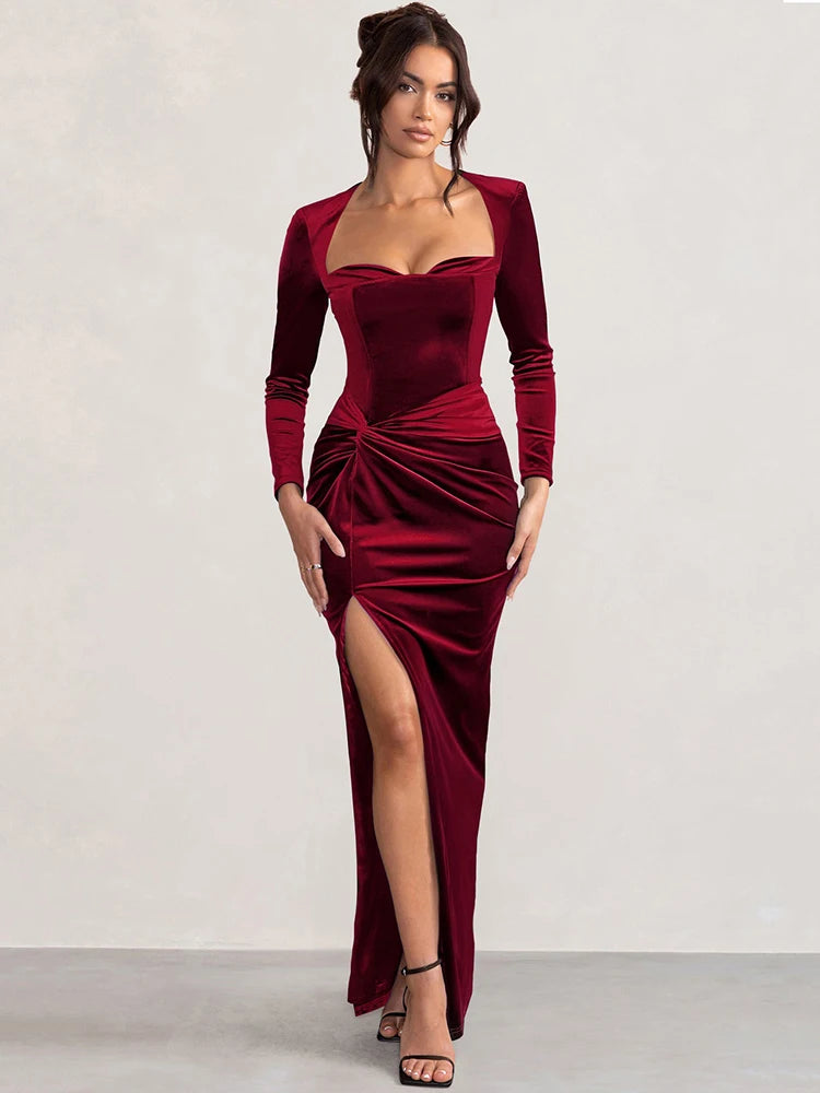 Velvet Sexy Maxi Dress For Women Square Collar Long Sleeve Ruched High Split Bodycon Party Elegant Long Dresses Vestido