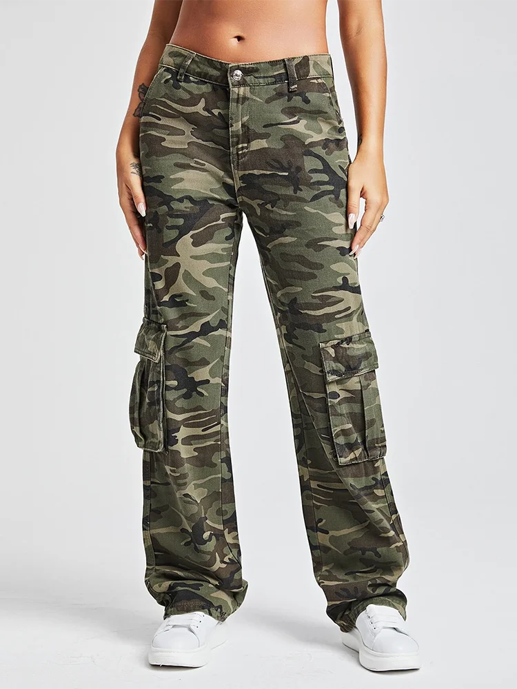Camouflage Denim Trousers For Women High Waist Patchwork Button Temperament Safari Style Cargo Pants Female
