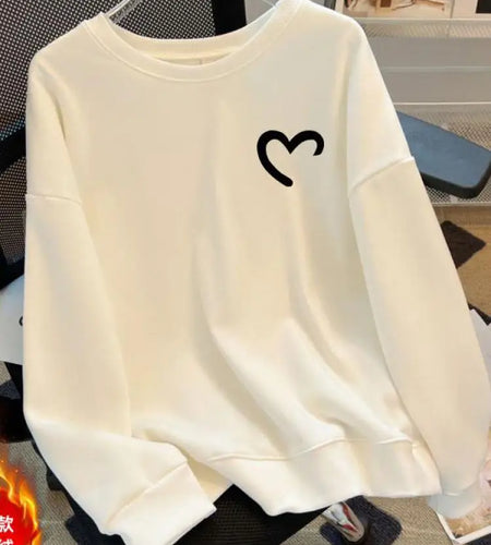 Women Fashion Solid O Neck Plush Heart Velvet Sweatshirt Autumn Winter Long Sleeve Comfort Casual Pullover Top Loose Popular New