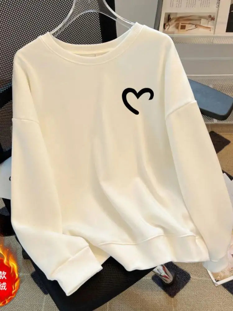 Women Fashion Solid O Neck Plush Heart Velvet Sweatshirt Autumn Winter Long Sleeve Comfort Casual Pullover Top Loose Popular New