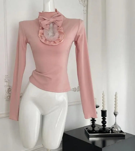 Vintage New 2024 Women's Autumn White Lace Bow Holiday Short T Shirt Pink Elegant Long Sleeve Slim Bottom Tops Fashion Versatile