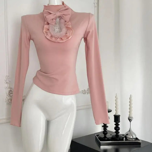 Load image into Gallery viewer, Vintage New 2024 Women's Autumn White Lace Bow Holiday Short T Shirt Pink Elegant Long Sleeve Slim Bottom Tops Fashion Versatile
