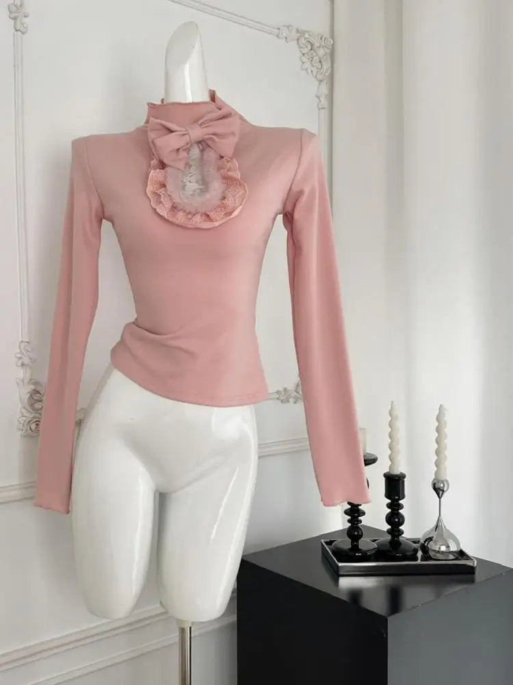 Vintage New 2024 Women's Autumn White Lace Bow Holiday Short T Shirt Pink Elegant Long Sleeve Slim Bottom Tops Fashion Versatile