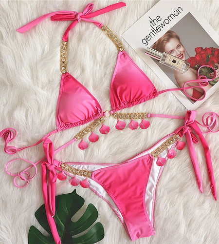 Summer Gradient Swimsuit Bandage Women Swimwear Push Up Bikini Set Luxury Crystal Diamond Bikini Shell Swimsuit