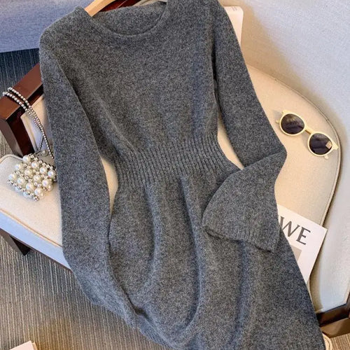 Load image into Gallery viewer, Autumn Winter Black Grey Elegant Round Neck High Waist Dress Women New Pink Long Sleeved Knitted Short Dress 2024 Korean Simple

