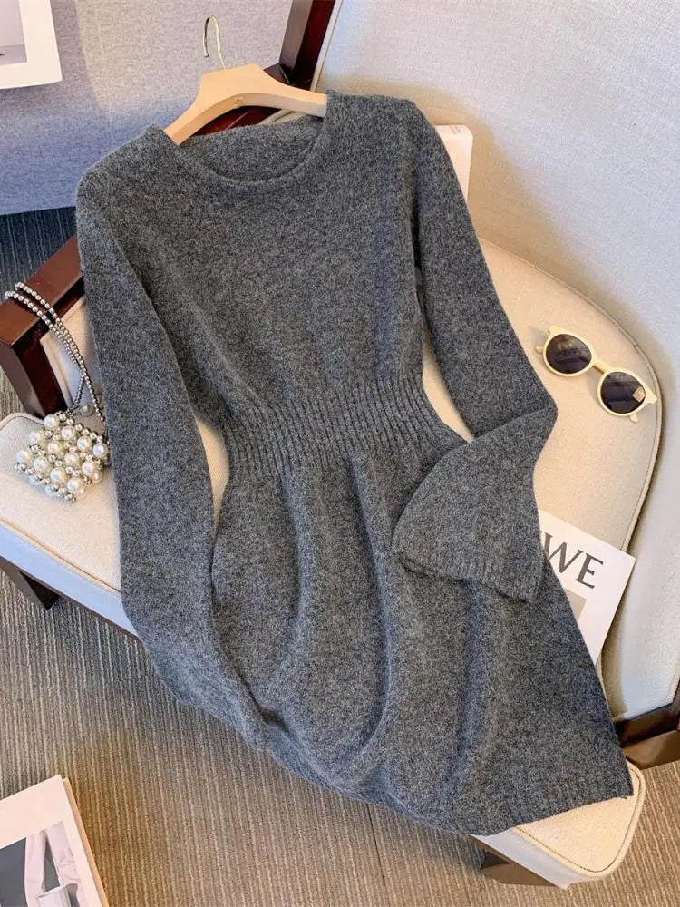 Autumn Winter Black Grey Elegant Round Neck High Waist Dress Women New Pink Long Sleeved Knitted Short Dress 2024 Korean Simple