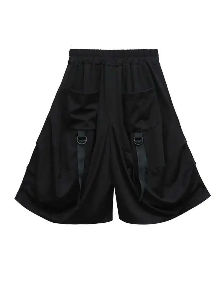 High Elastic Waist Black Pockets Bandage Wide Leg Pants New Loose Fit Trousers Women Fashion Spring Summer 2025 1DF4794