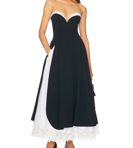 Hit Color Spliced Lace Minimalist Long Dresses for Women Strapless Sleeveless High Waist Elegant Dress Female New