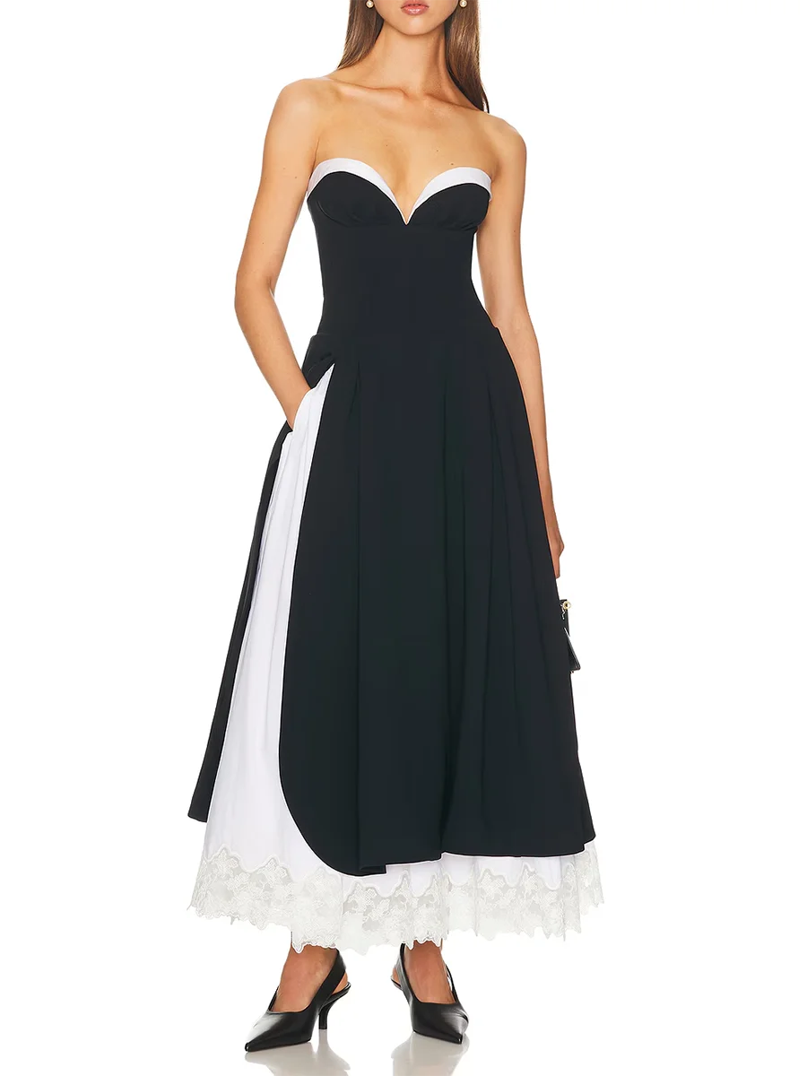 Hit Color Spliced Lace Minimalist Long Dresses for Women Strapless Sleeveless High Waist Elegant Dress Female New