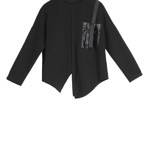 Load image into Gallery viewer, Women Black Pocket Ribbon Irregular Big Size T-shirt New Round Neck Long Sleeve Fashion Tide Spring Autumn 2025 1DJ1771
