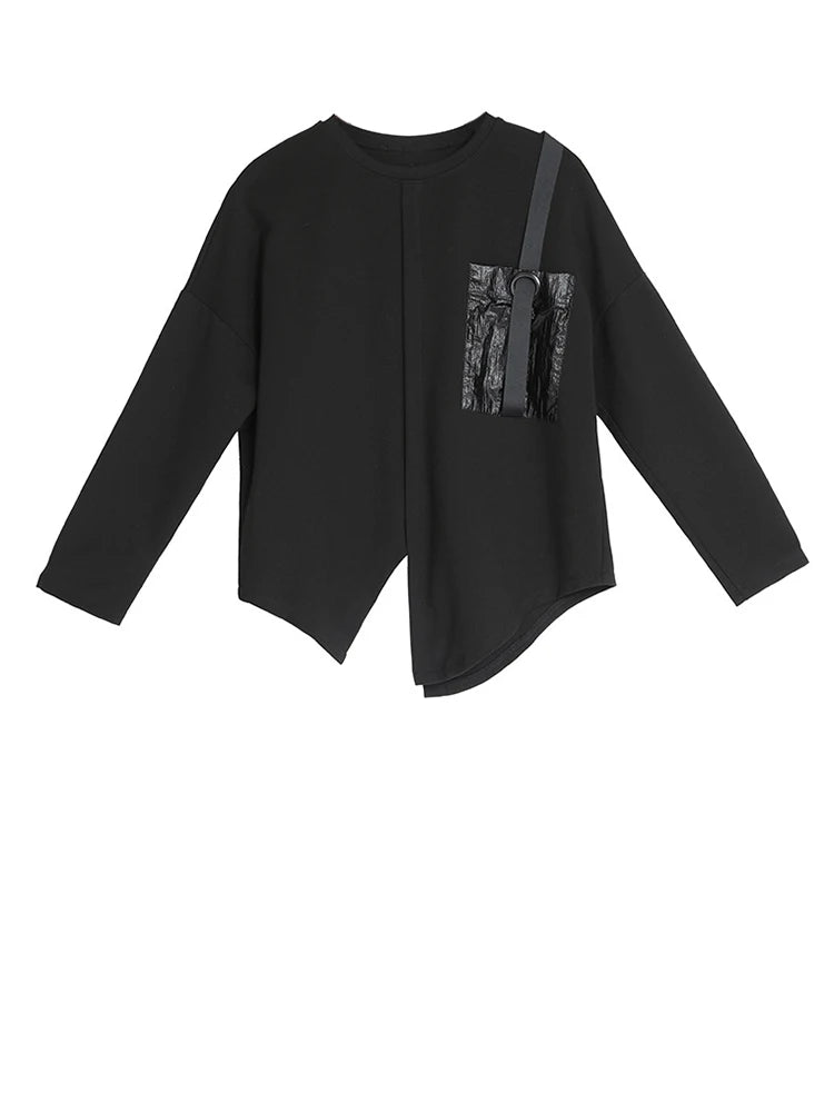 Women Black Pocket Ribbon Irregular Big Size T-shirt New Round Neck Long Sleeve Fashion Tide Spring Autumn 2025 1DJ1771