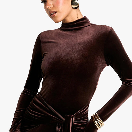 Load image into Gallery viewer, Velvet Long Sleeve Sexy Maxi Dress For Women Autumn Winter New Turtleneck Draped Ruched Bodycon Sexy Long Dress
