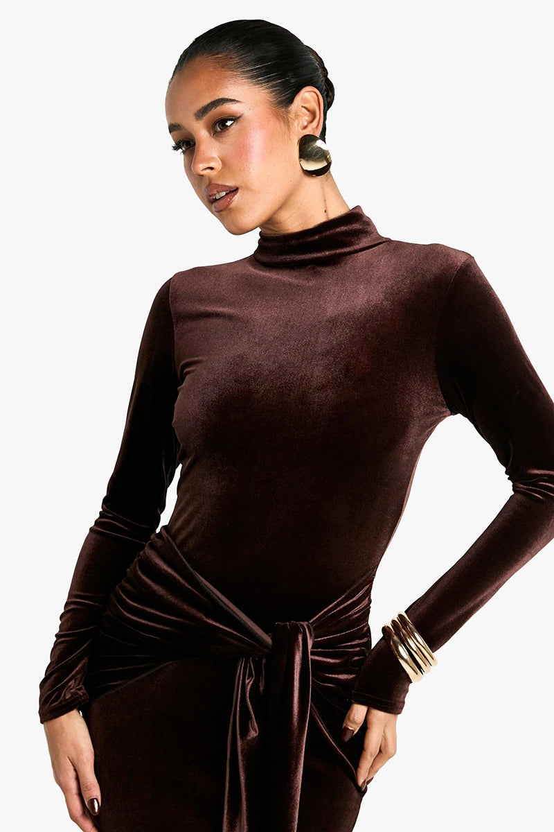 Velvet Long Sleeve Sexy Maxi Dress For Women Autumn Winter New Turtleneck Draped Ruched Bodycon Sexy Long Dress
