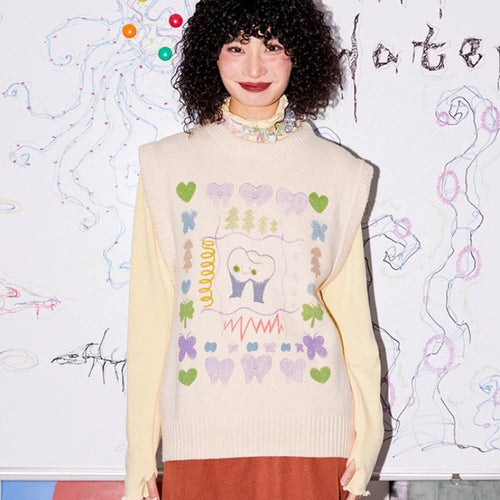 Load image into Gallery viewer, Autumn Grunge Loose Knitted Women's Tanks Casual Cartoon Sleeveless Pullovers Y2k Aesthetic Harajuku Streetwear Sweater Vest
