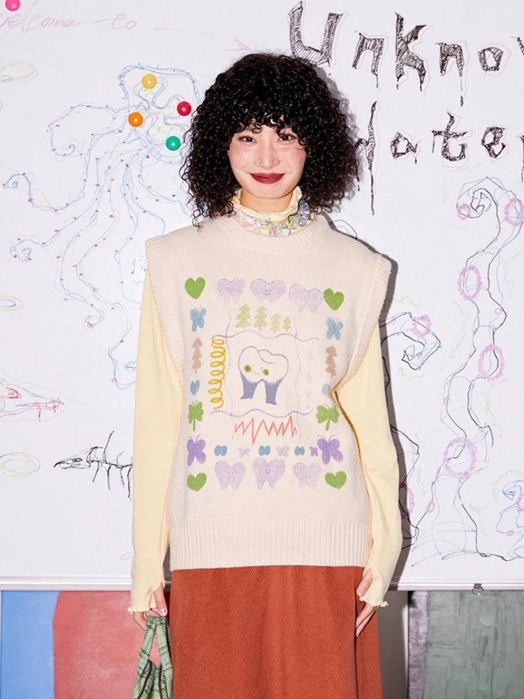 Autumn Grunge Loose Knitted Women's Tanks Casual Cartoon Sleeveless Pullovers Y2k Aesthetic Harajuku Streetwear Sweater Vest