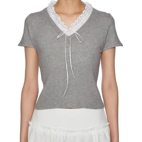 Load image into Gallery viewer, Knitted T Shirts Women Clothing Patchwork Lace V-neck Short Sleeve Tees Summer Camisetas Bandage Bow Tunic Casual T-shirt Tops
