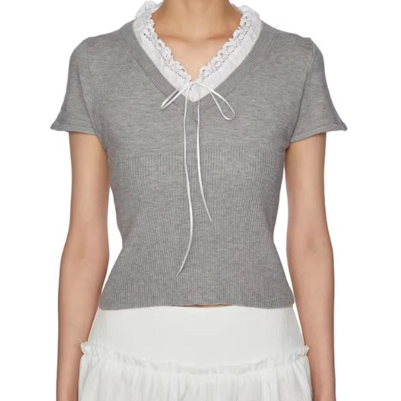 Knitted T Shirts Women Clothing Patchwork Lace V-neck Short Sleeve Tees Summer Camisetas Bandage Bow Tunic Casual T-shirt Tops